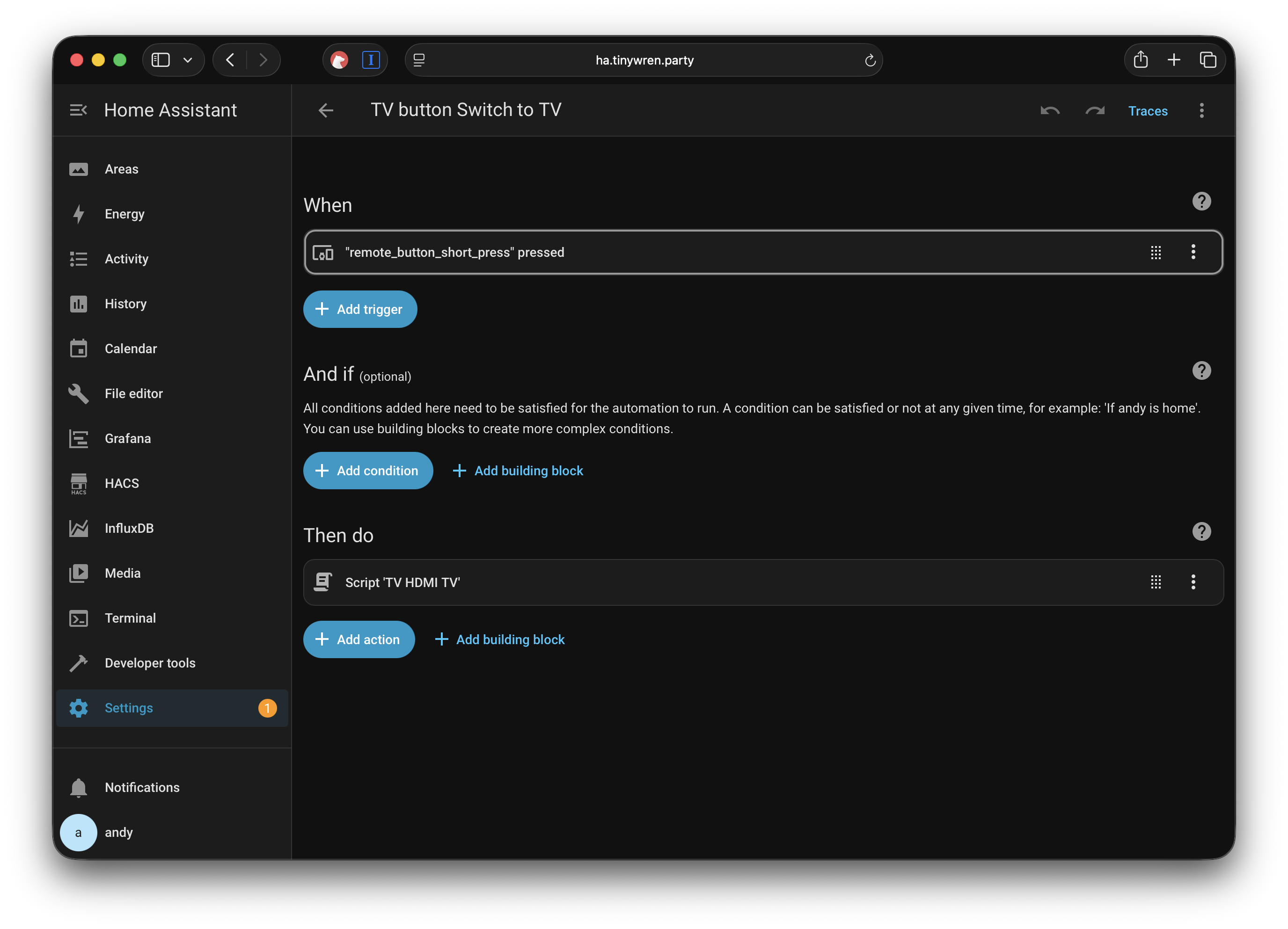 showing the automation to link up the zigbee button press to the HDMI switch scripts