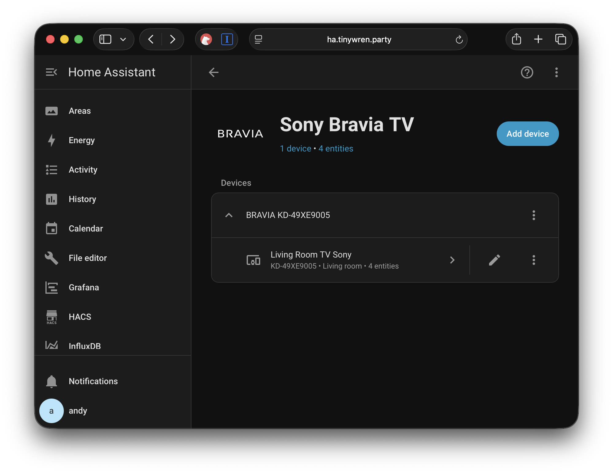 Image showing the Sony Bravia device type in HomeAssistant