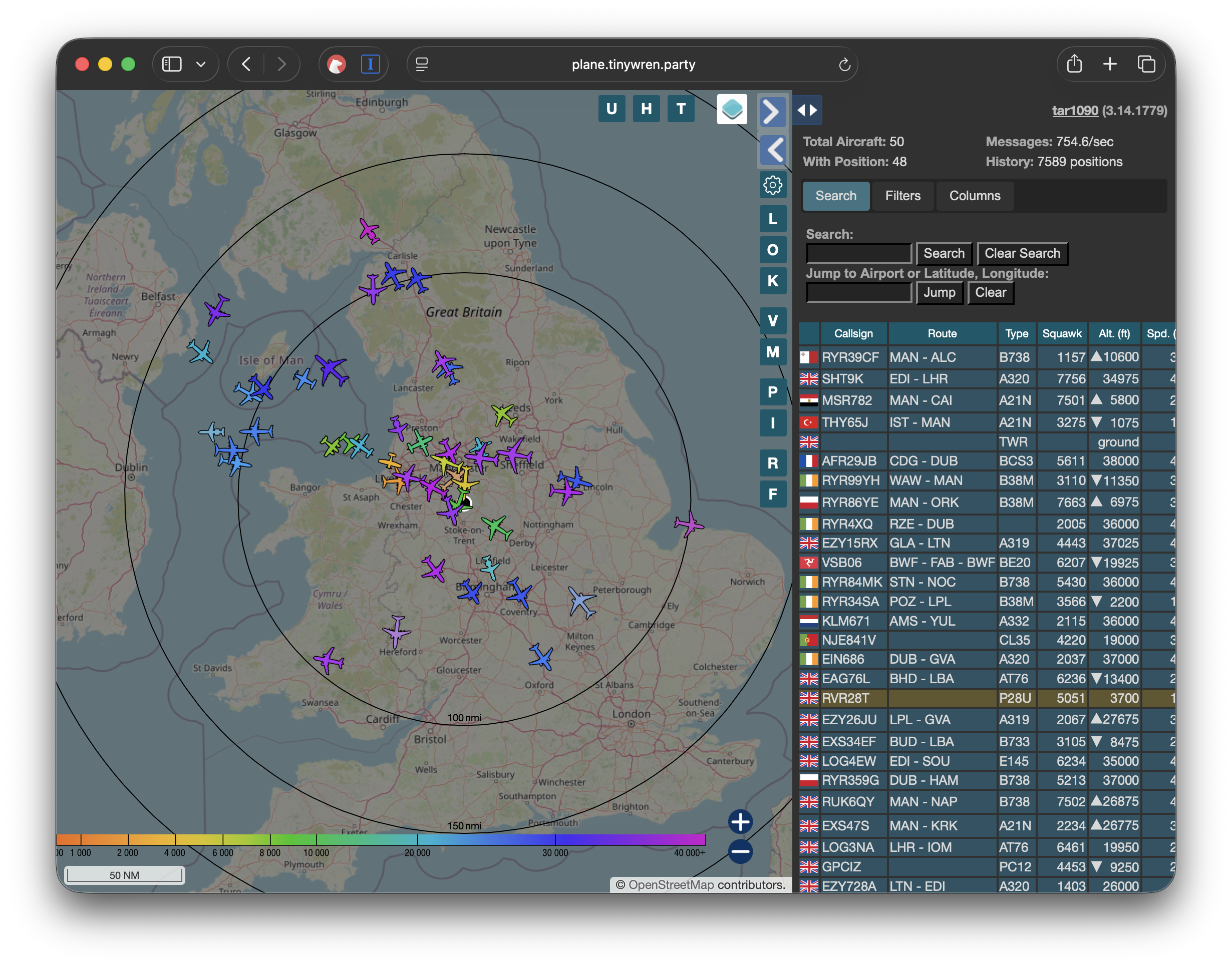 Image tar1090 displaying planes flying over a map in my local area