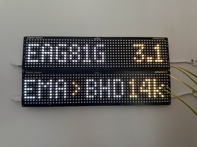 Photo showing to Galactic Unicorns on a wall displaying plane information